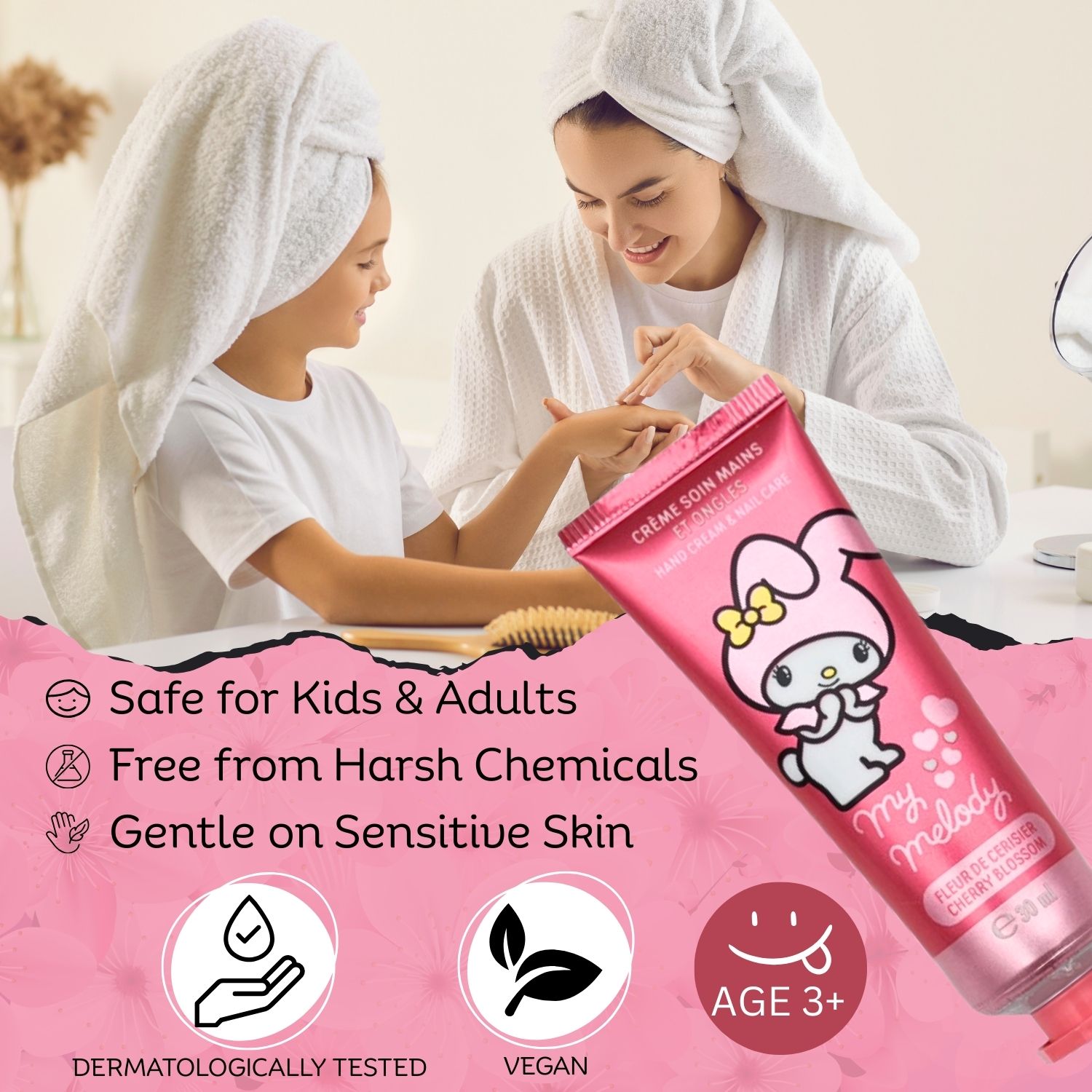 Hello Kitty Melody, 2 in 1 Natural Hand & Nail Cream 30ml | For Dry, Cracked Hands | Enriched with Shea Butter & Vitamin A | Vegan & Dermatologically Tested | Hello Kitty Melody, 2 in 1 Natural Hand & Nail Cream 30ml | For Dry, Cracked Hands | Enriched with Shea Butter & Vitamin A | Vegan & Dermatologically Tested |